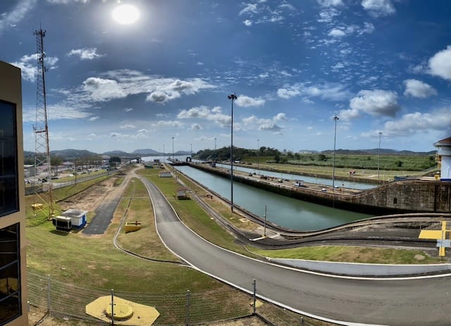 A panoramic shot of the Panama Canal.